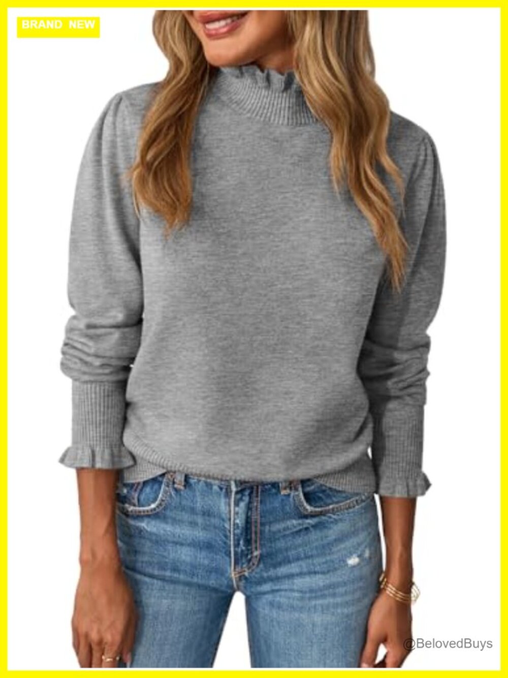 Ruffle Mock Neck Sweater Puff Sleeve Knit Pullover